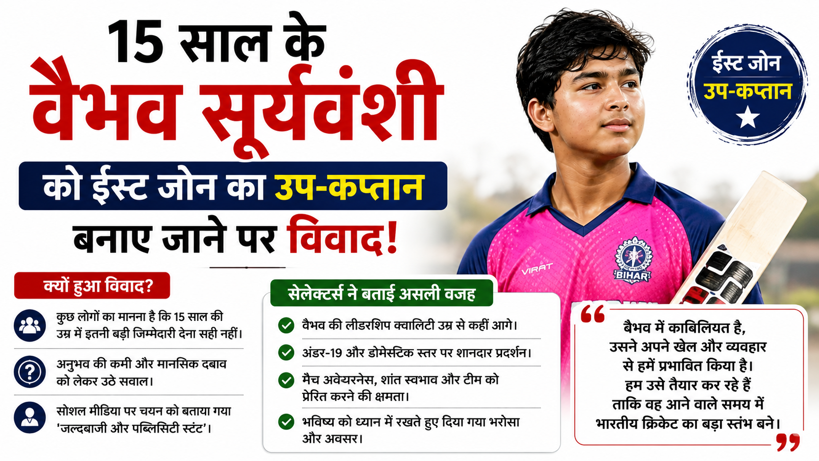 दलीप ट्रॉफी 2026: 15 वर्षीय वैभव सूर्यवंशी को उप-कप्तान बनाने पर विवाद, सामने आई असली वजह